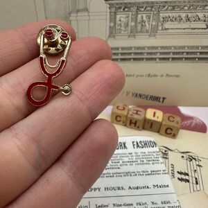 Vintage Stethoscope Red and Gold Brooch Pin Nurse Brooch